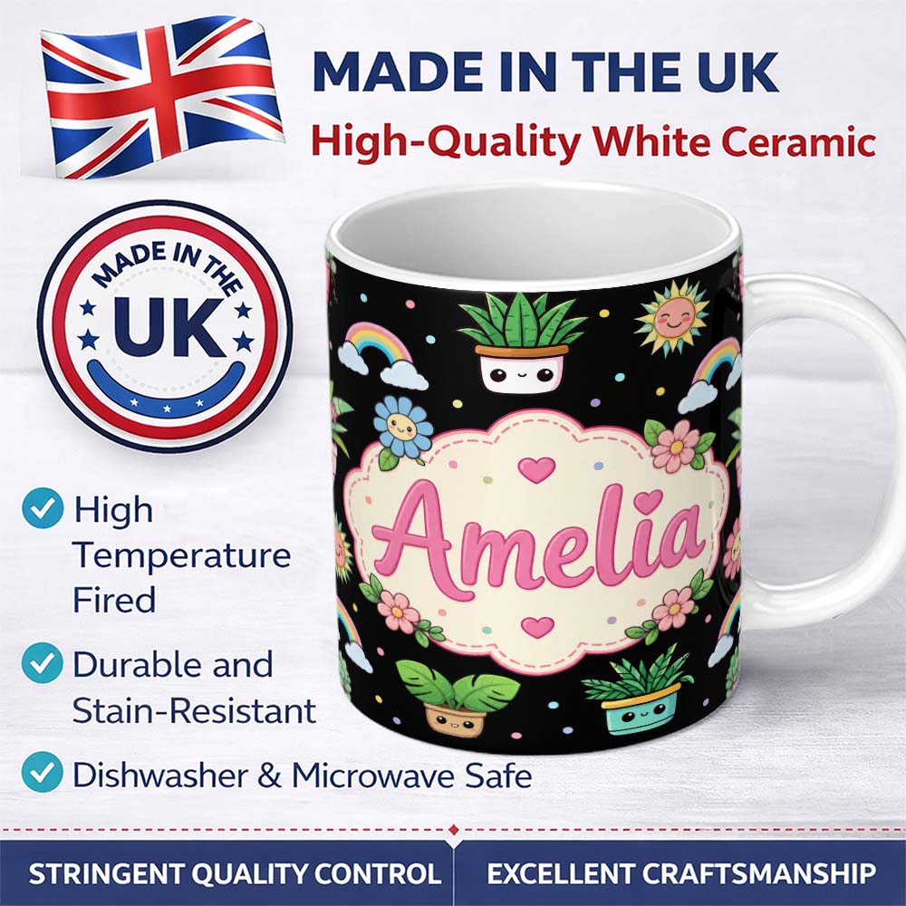 Personalized Custom Name Cute Kawaii Tropical Plants Rainbow Sun Grey Seamless Pattern Name 11oz Ceramic Coffee Tea Mug White Large Handle