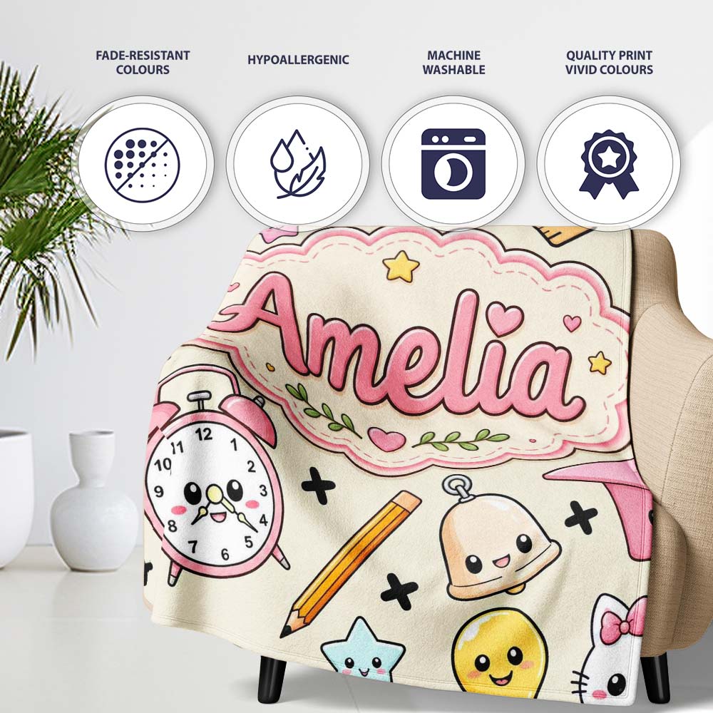 Cute Kawaii School Supplies Cat Books Apple Seamless Pattern Name Personalised Custom Name Super Soft Fleece Blanket Bed Sofa Throw