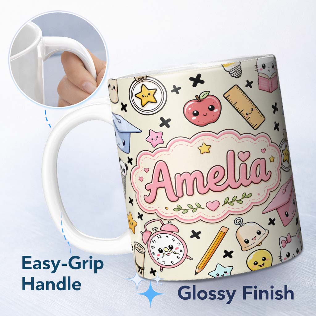Personalized Custom Name Cute Kawaii School Supplies Cat Books Apple Seamless Pattern Name 11oz Ceramic Coffee Tea Mug White Large Handle