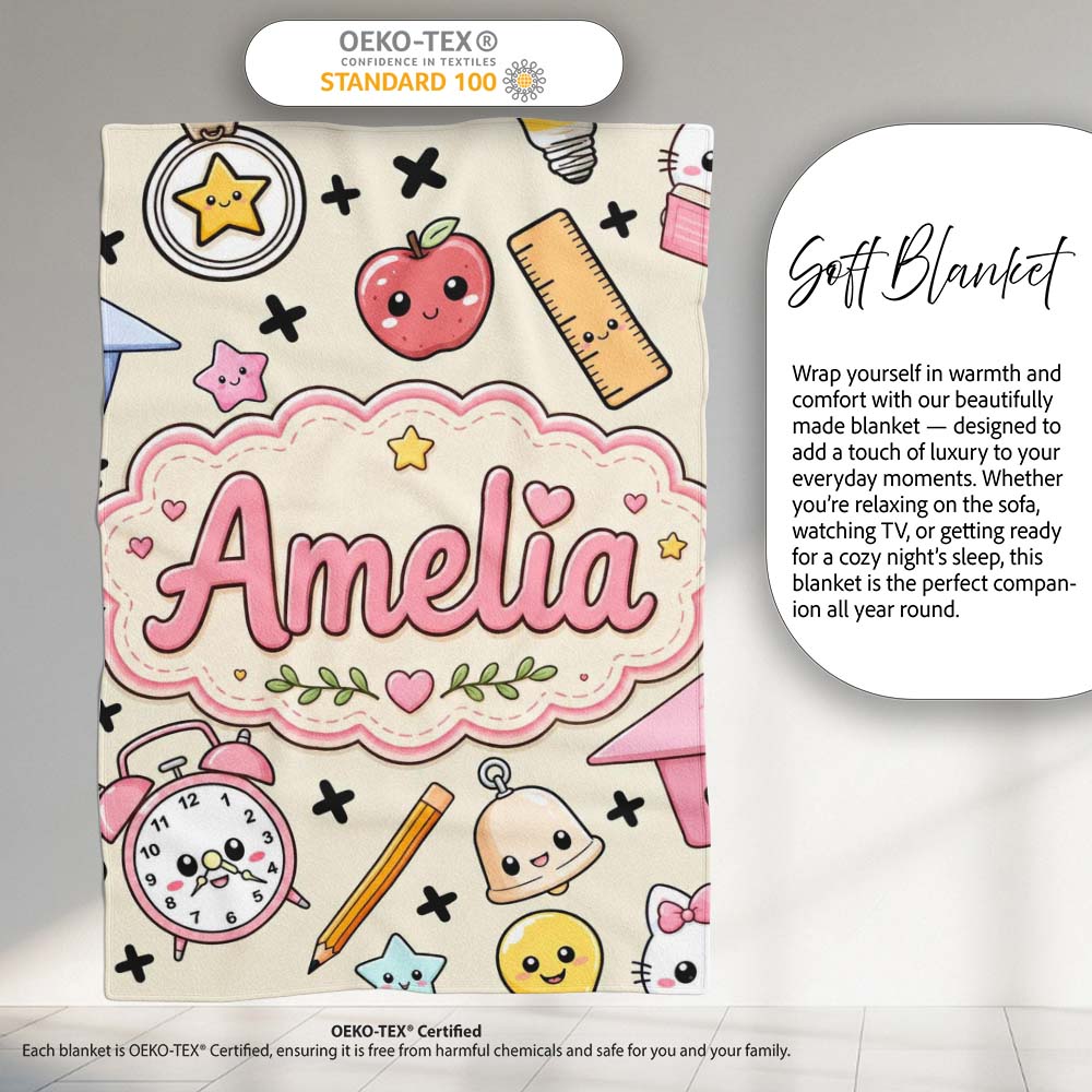 Cute Kawaii School Supplies Cat Books Apple Seamless Pattern Name Personalised Custom Name Super Soft Fleece Blanket Bed Sofa Throw