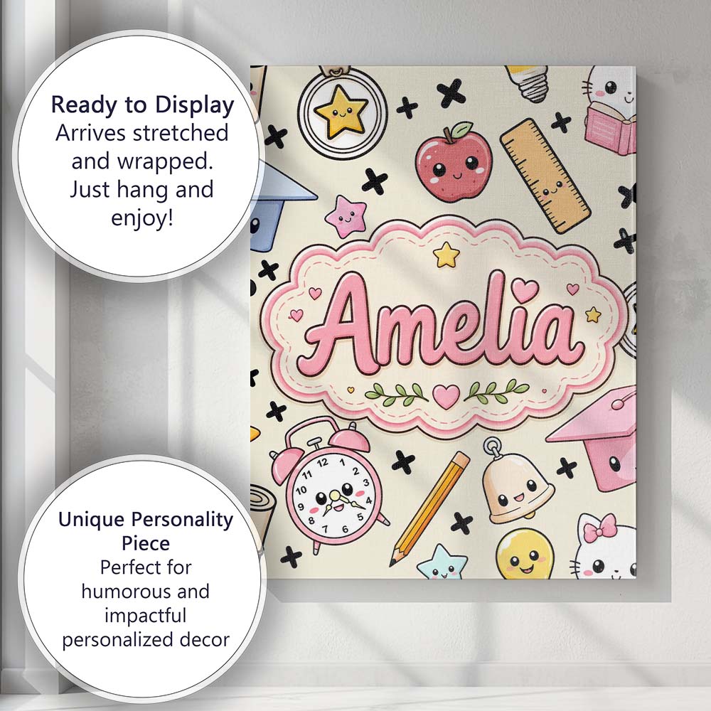 Personalised Name Cute Kawaii School Custom Premium Decorative Design Modern Room Accent Canvas Wall Art Print Decor Picture Ready to Hang