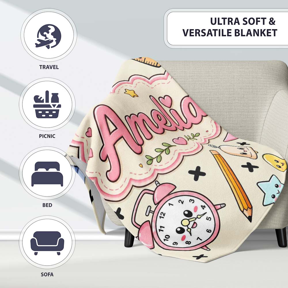 Cute Kawaii School Supplies Cat Books Apple Seamless Pattern Name Personalised Custom Name Super Soft Fleece Blanket Bed Sofa Throw
