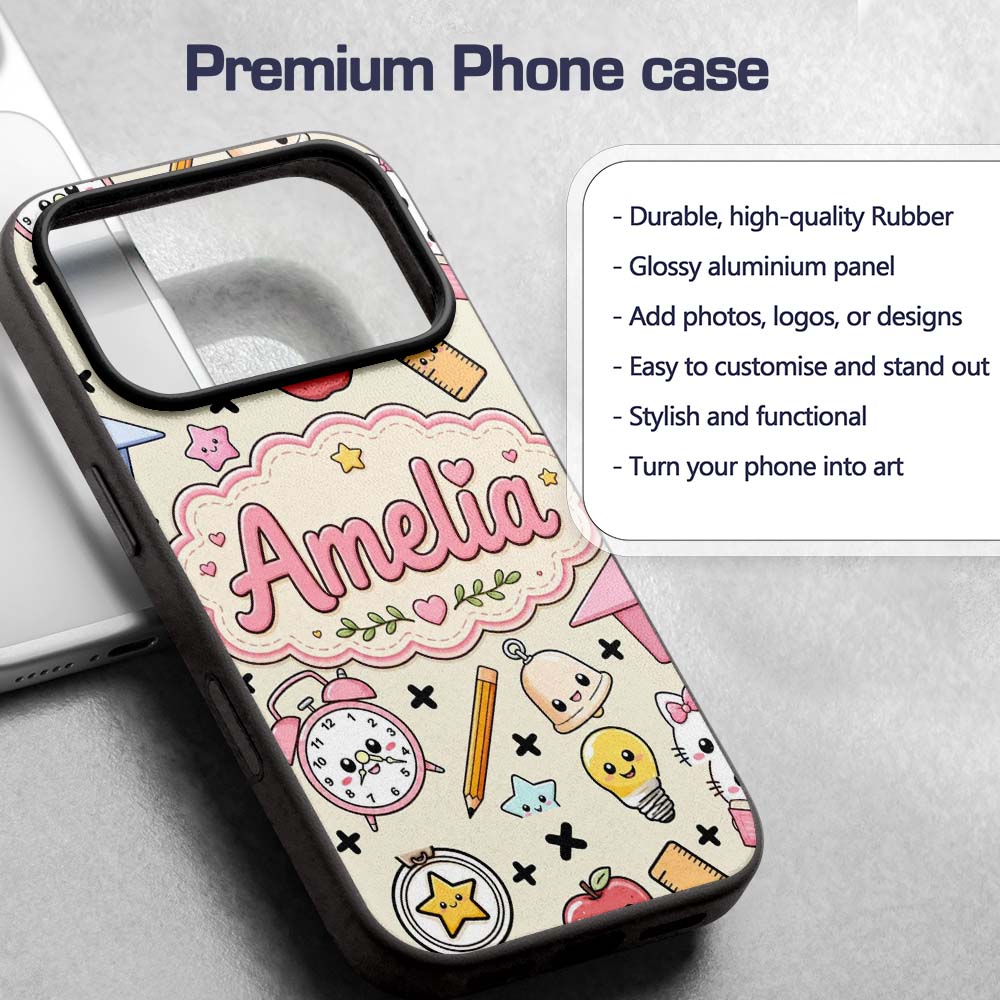 Cute Kawaii School Supplies Cat Printed Design Custom Name Protective Phone Case Mobile Cover Durable Everyday Smartphone Shock Resistant