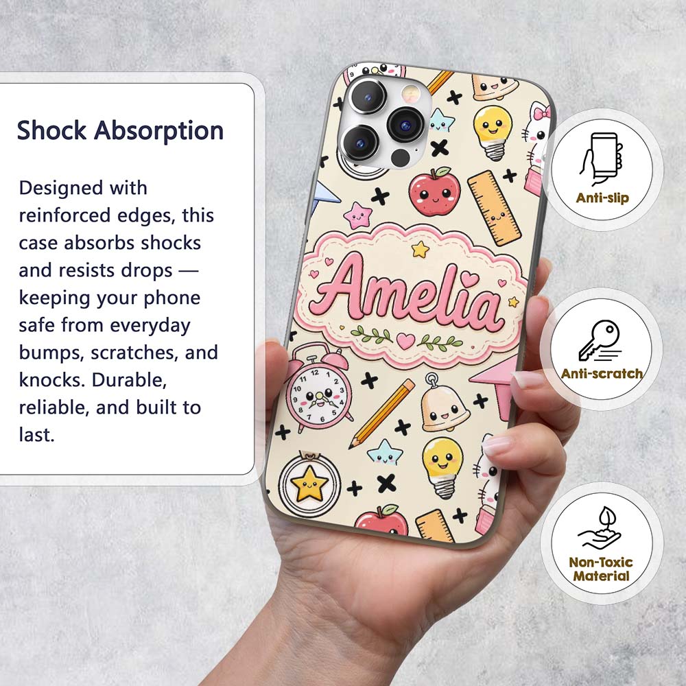 Cute Kawaii School Supplies Cat Printed Design Custom Name Protective Phone Case Mobile Cover Durable Everyday Smartphone Shock Resistant