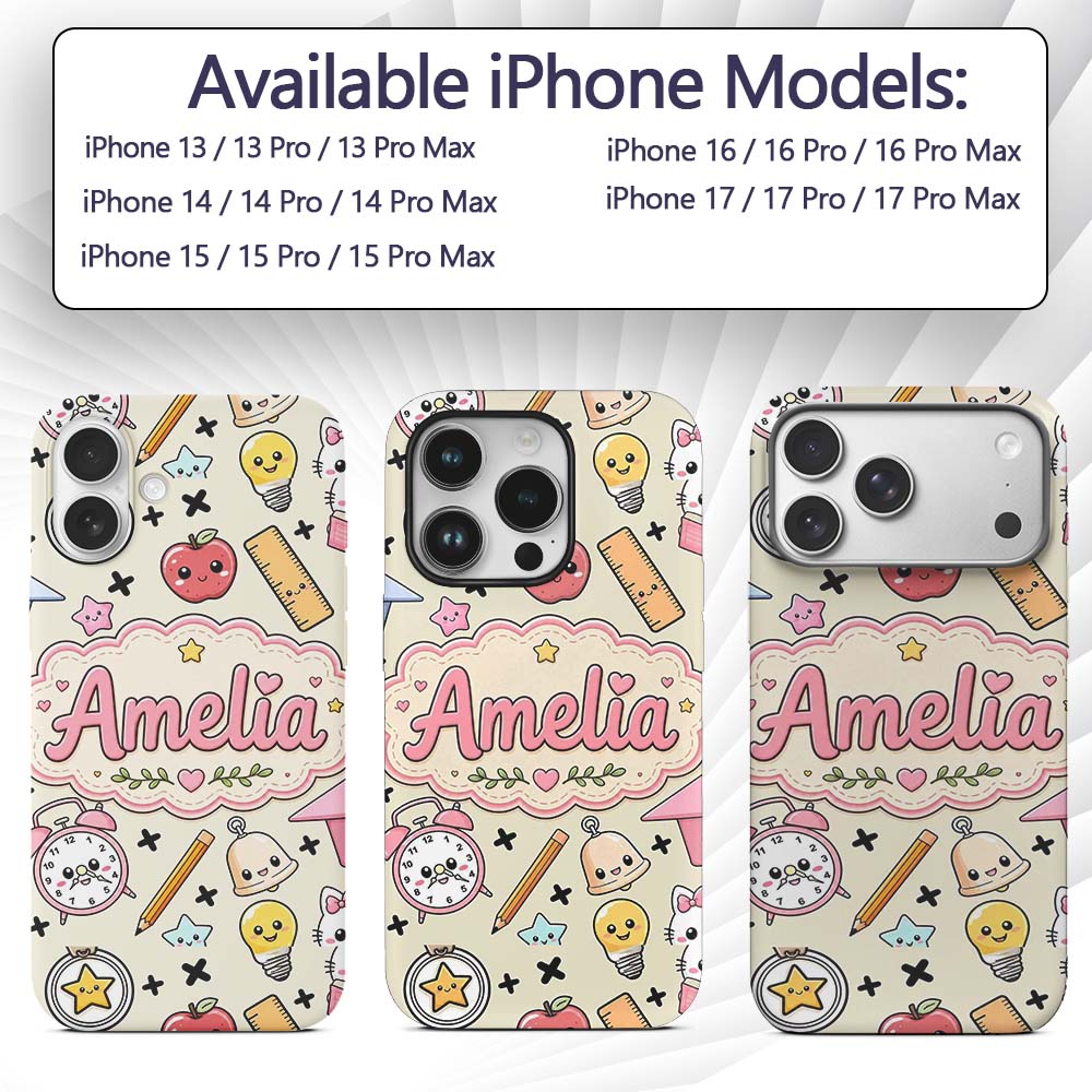Cute Kawaii School Supplies Cat Printed Design Custom Name Protective Phone Case Mobile Cover Durable Everyday Smartphone Shock Resistant