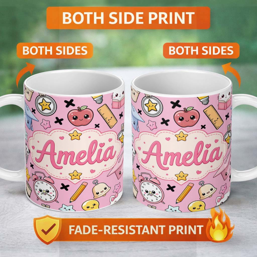 Personalized Custom Name Cute Kawaii School Supplies Pink Background Seamless Pattern Name 11oz Ceramic Coffee Tea Mug White Large Handle