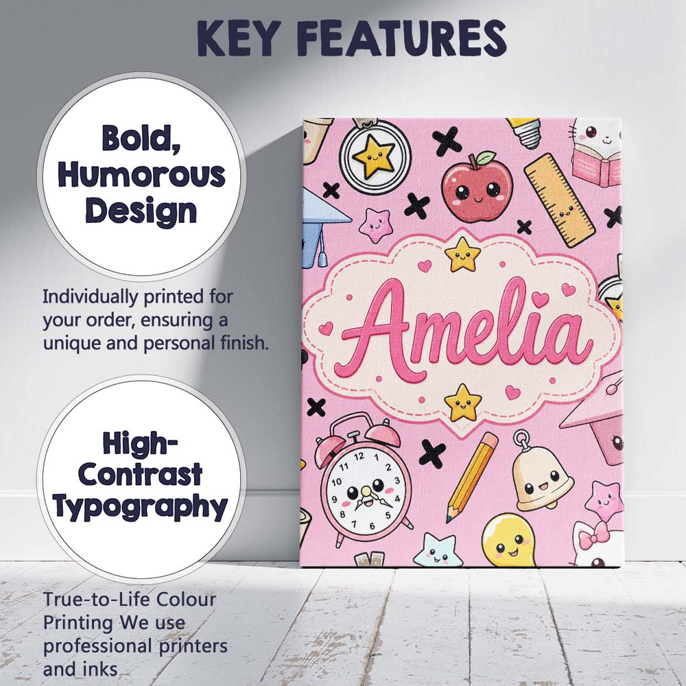 Personalised Name Cute Kawaii School Custom Premium Decorative Design Modern Room Accent Canvas Wall Art Print Decor Picture Ready to Hang