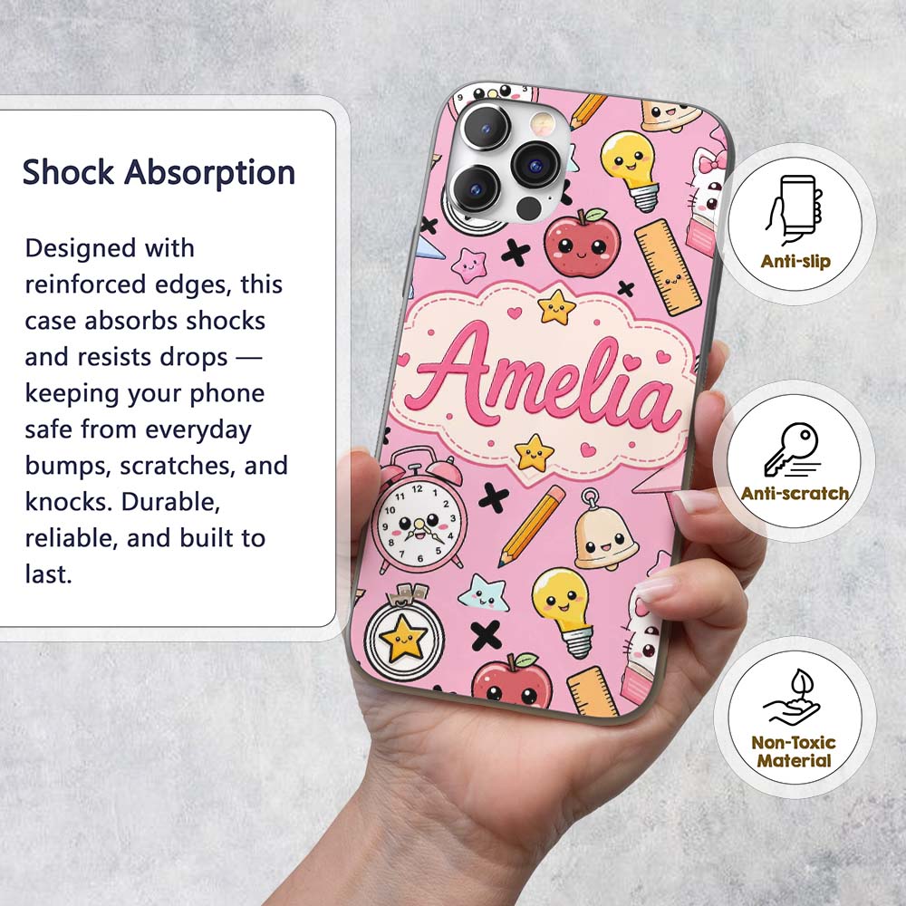 Cute Kawaii School Supplies Pink Printed Design Custom Name Protective Phone Case Mobile Cover Durable Everyday Smartphone Shock Resistant