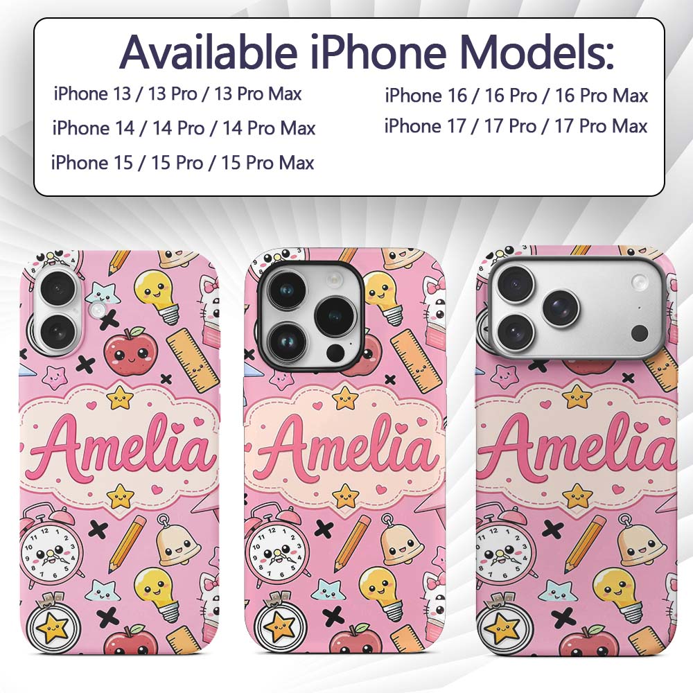 Cute Kawaii School Supplies Pink Printed Design Custom Name Protective Phone Case Mobile Cover Durable Everyday Smartphone Shock Resistant