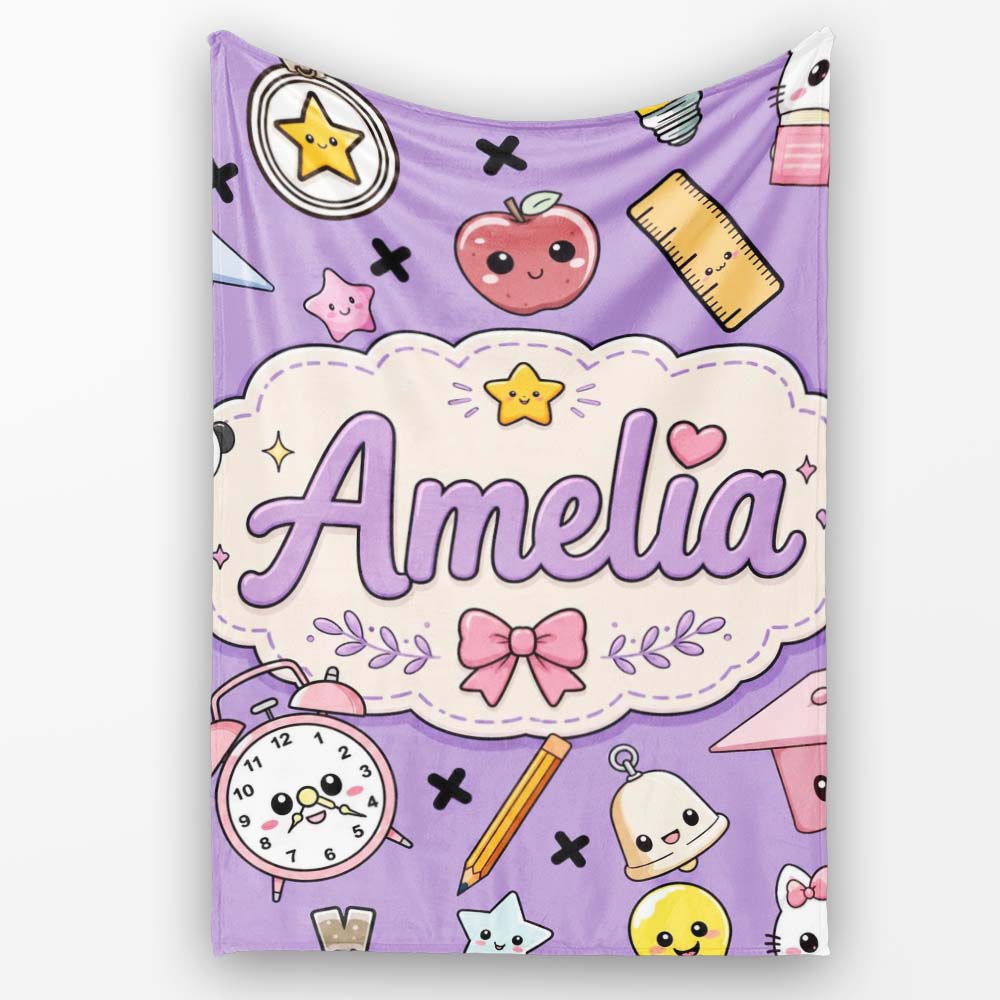 Cute Kawaii School Supplies Purple Background Seamless Pattern Personalised Custom Name Super Soft Fleece Blanket Bed Sofa Throw