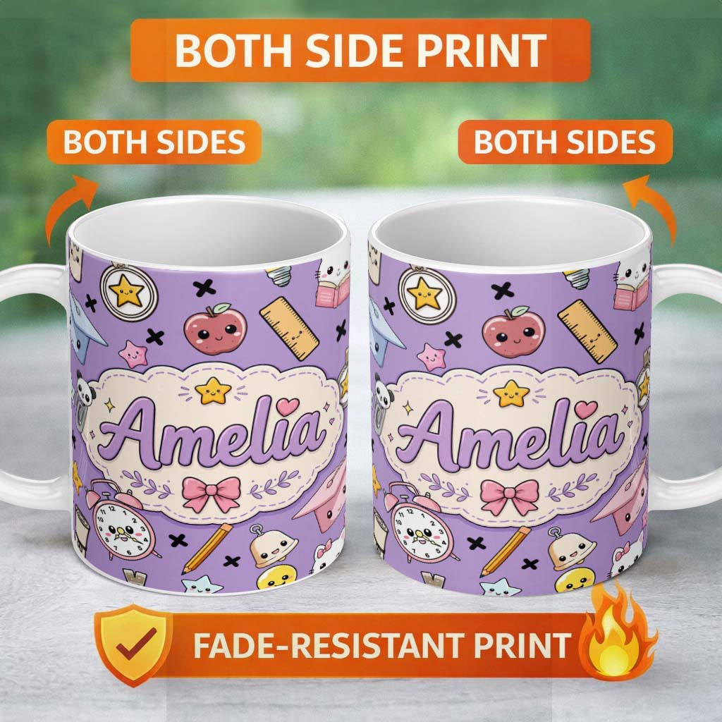 Personalized Custom Name Cute Kawaii School Supplies Purple Background Seamless Pattern 11oz Ceramic Coffee Tea Mug White Large Handle