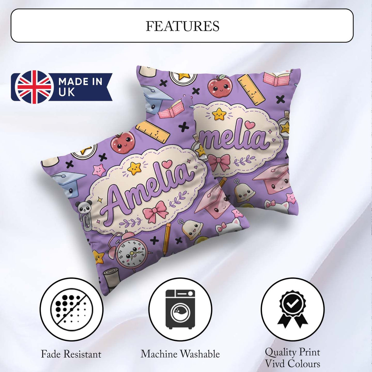 Custom Name Cute Kawaii School Supplies Purple Seamless Pattern Square Filled Cushion Throw Pillow Sofa Bed Home Decor Zip Washable UK Made