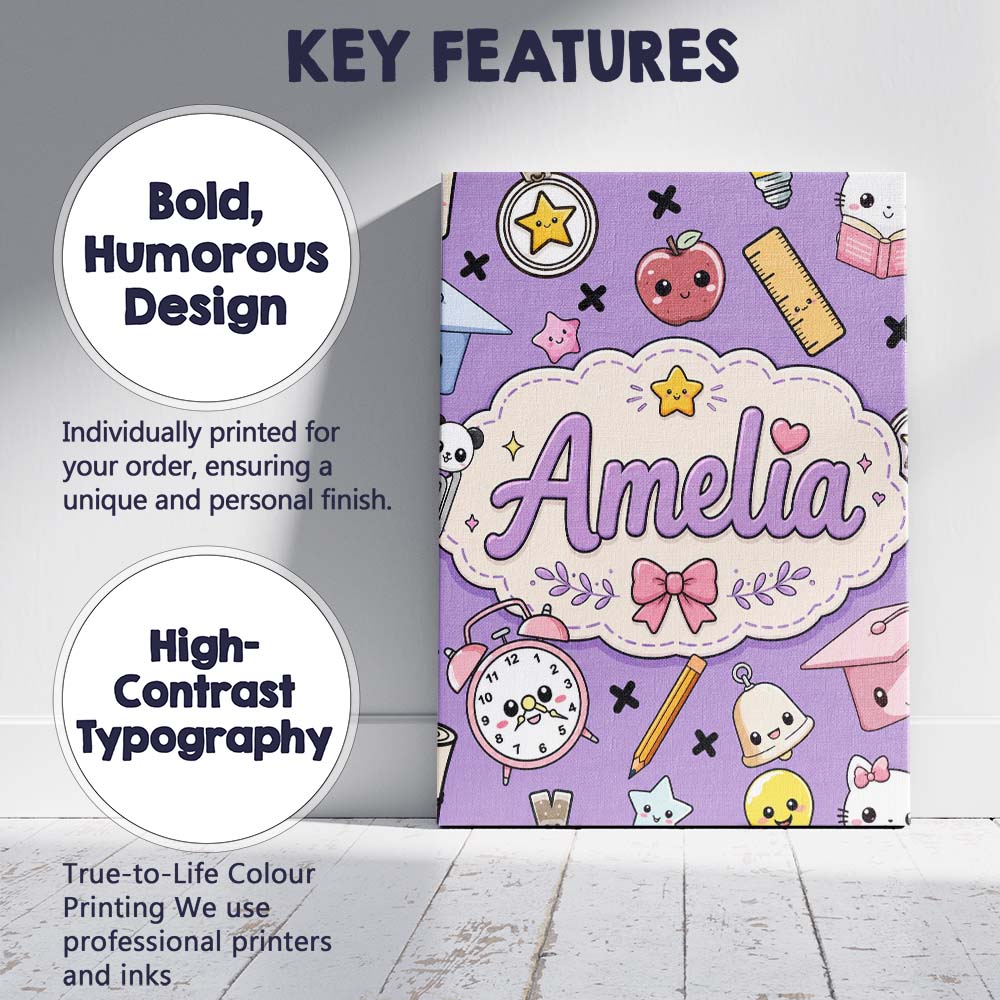 Personalised Name Cute Kawaii School Custom Premium Decorative Design Modern Room Accent Canvas Wall Art Print Decor Picture Ready to Hang
