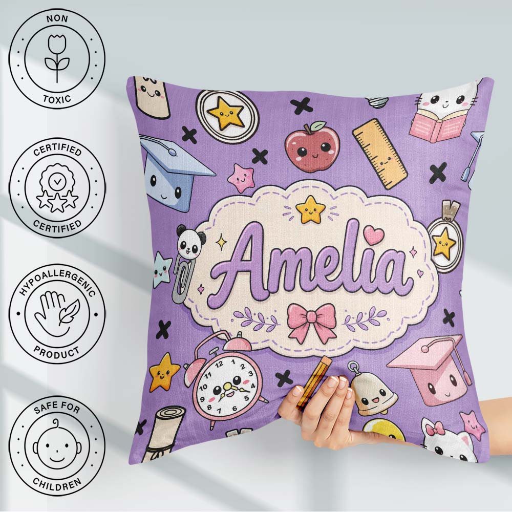 Custom Name Cute Kawaii School Supplies Purple Seamless Pattern Square Filled Cushion Throw Pillow Sofa Bed Home Decor Zip Washable UK Made
