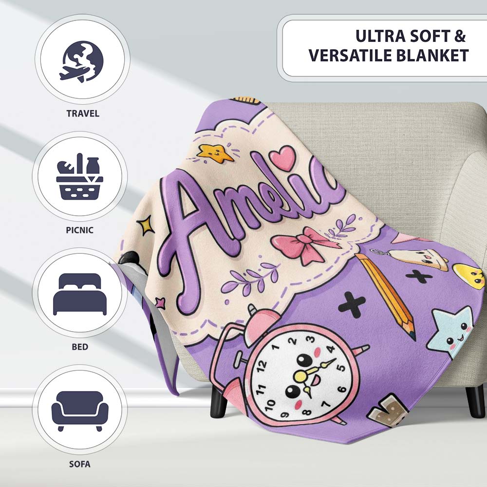 Cute Kawaii School Supplies Purple Background Seamless Pattern Personalised Custom Name Super Soft Fleece Blanket Bed Sofa Throw