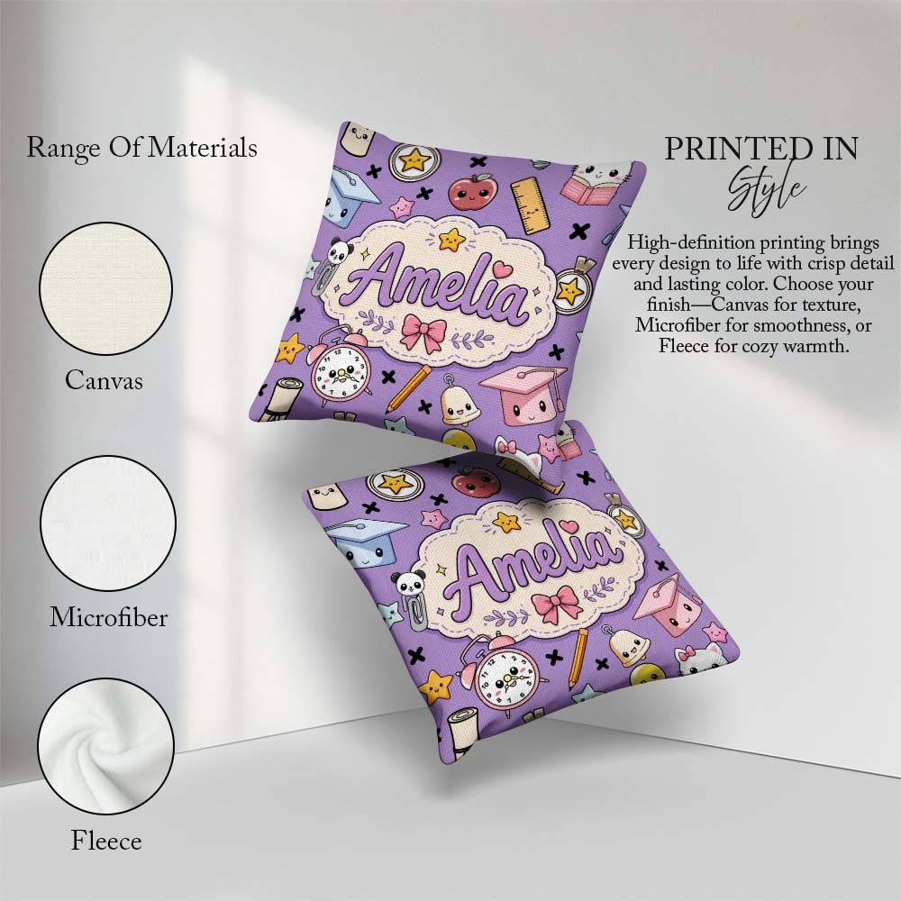 Custom Name Cute Kawaii School Supplies Purple Seamless Pattern Square Filled Cushion Throw Pillow Sofa Bed Home Decor Zip Washable UK Made