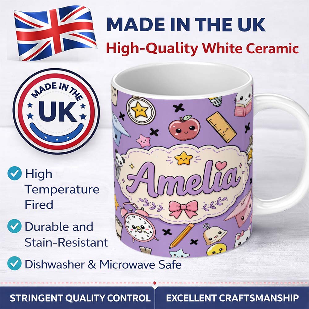 Personalized Custom Name Cute Kawaii School Supplies Purple Background Seamless Pattern 11oz Ceramic Coffee Tea Mug White Large Handle