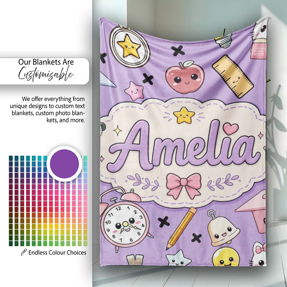 Cute Kawaii School Supplies Purple Background Seamless Pattern Personalised Custom Name Super Soft Fleece Blanket Bed Sofa Throw