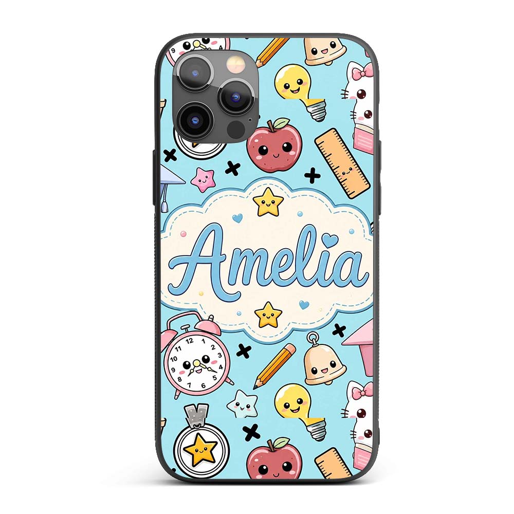 Cute Kawaii School Supplies Cat Printed Design Custom Name Protective Phone Case Mobile Cover Durable Everyday Smartphone Shock Resistant