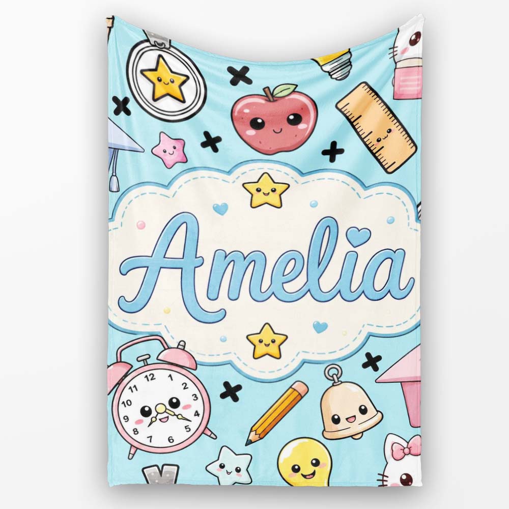 Cute Kawaii School Supplies Cat Books Blue Background Seamless Personalised Custom Name Super Soft Fleece Blanket Bed Sofa Throw