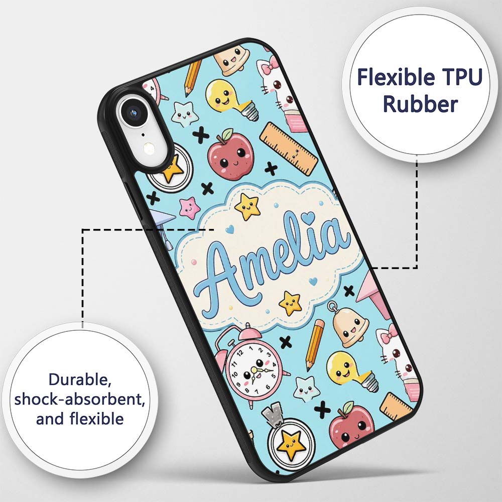 Cute Kawaii School Supplies Cat Printed Design Custom Name Protective Phone Case Mobile Cover Durable Everyday Smartphone Shock Resistant