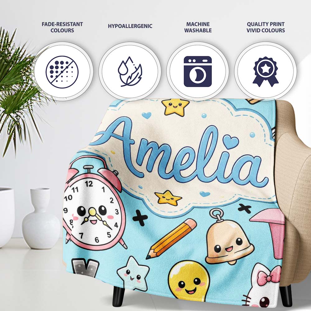 Cute Kawaii School Supplies Cat Books Blue Background Seamless Personalised Custom Name Super Soft Fleece Blanket Bed Sofa Throw