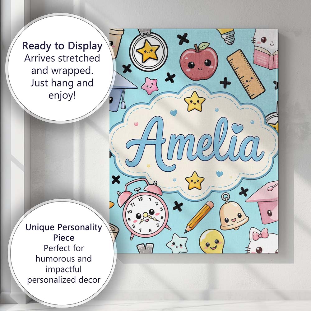 Personalised Name Cute Kawaii School Custom Premium Decorative Design Modern Room Accent Canvas Wall Art Print Decor Picture Ready to Hang