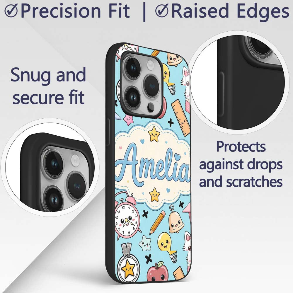 Cute Kawaii School Supplies Cat Printed Design Custom Name Protective Phone Case Mobile Cover Durable Everyday Smartphone Shock Resistant