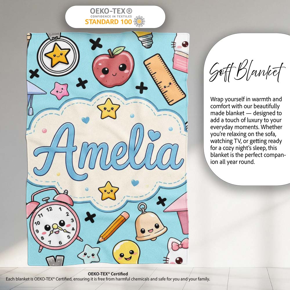 Cute Kawaii School Supplies Cat Books Blue Background Seamless Personalised Custom Name Super Soft Fleece Blanket Bed Sofa Throw