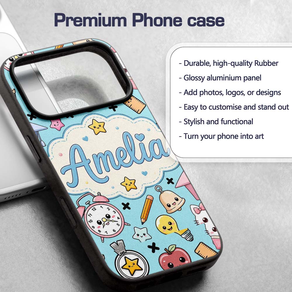 Cute Kawaii School Supplies Cat Printed Design Custom Name Protective Phone Case Mobile Cover Durable Everyday Smartphone Shock Resistant