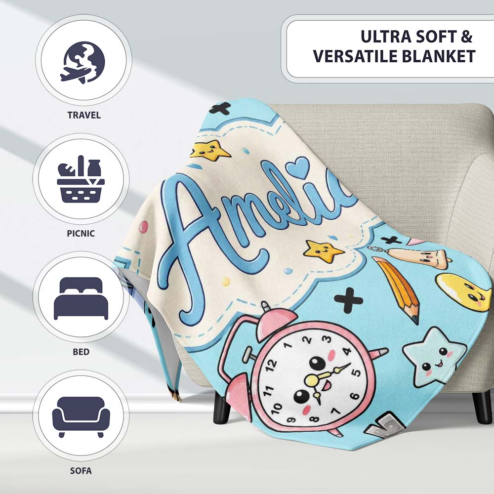Cute Kawaii School Supplies Cat Books Blue Background Seamless Personalised Custom Name Super Soft Fleece Blanket Bed Sofa Throw