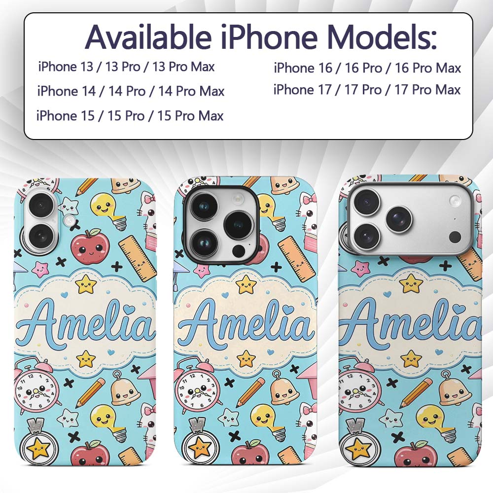 Cute Kawaii School Supplies Cat Printed Design Custom Name Protective Phone Case Mobile Cover Durable Everyday Smartphone Shock Resistant