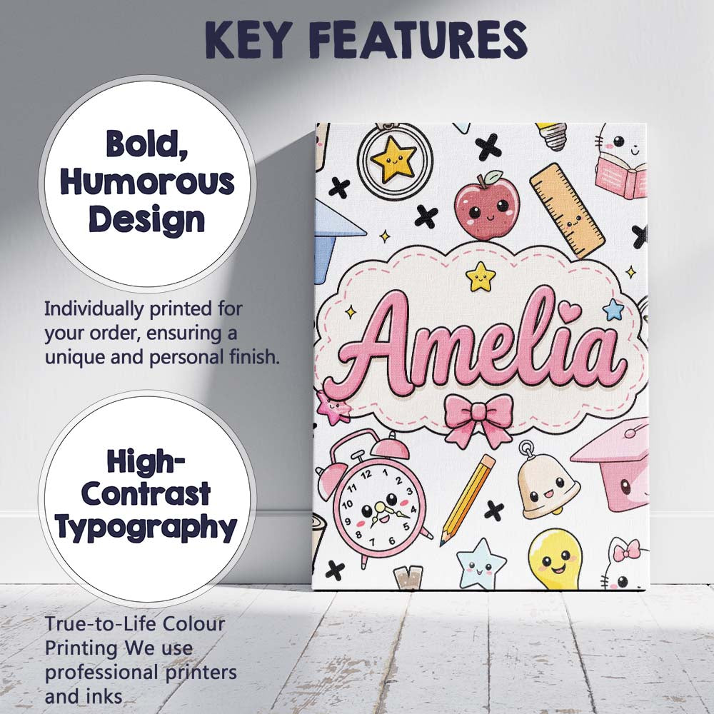 Personalised Name Cute Kawaii School Custom Premium Decorative Design Modern Room Accent Canvas Wall Art Print Decor Picture Ready to Hang