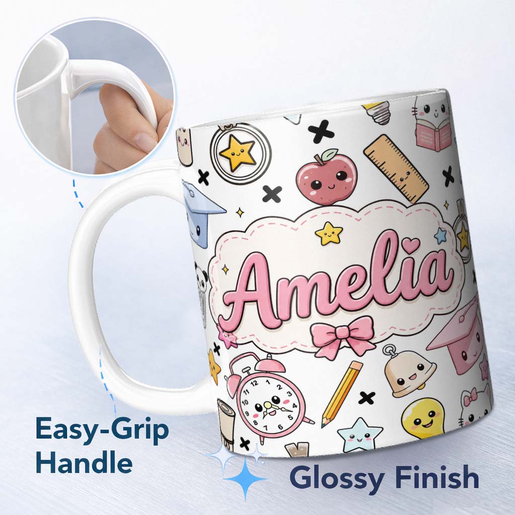 Personalized Custom Name Cute Kawaii School Supplies Cat Books Grey Background Seamless 11oz Ceramic Coffee Tea Mug White Large Handle