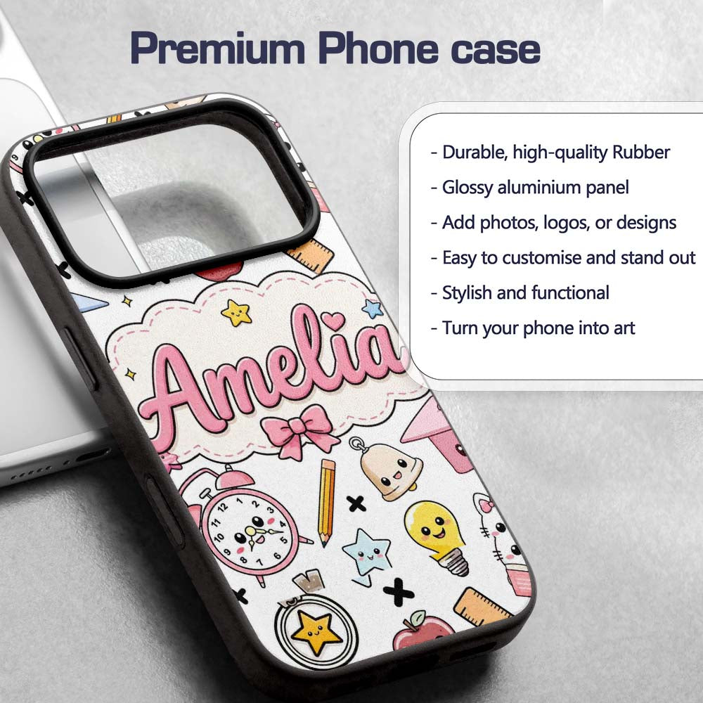 Cute Kawaii School Supplies Cat Printed Design Custom Name Protective Phone Case Mobile Cover Durable Everyday Smartphone Shock Resistant