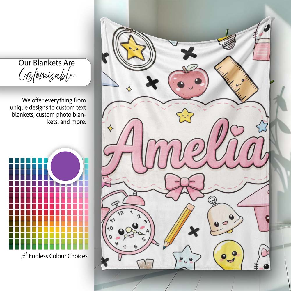 Cute Kawaii School Supplies Cat Books Grey Background Seamless Personalised Custom Name Super Soft Fleece Blanket Bed Sofa Throw