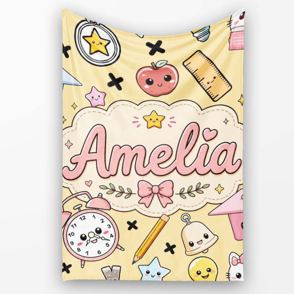 Cute Kawaii School Supplies Cat Books Beige Background Seamless Personalised Custom Name Super Soft Fleece Blanket Bed Sofa Throw