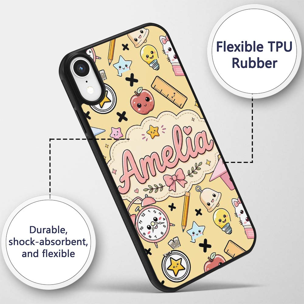 Cute Kawaii School Supplies Cat Printed Design Custom Name Protective Phone Case Mobile Cover Durable Everyday Smartphone Shock Resistant