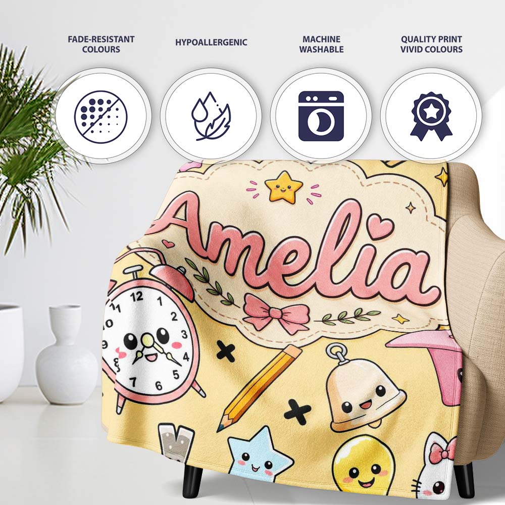 Cute Kawaii School Supplies Cat Books Beige Background Seamless Personalised Custom Name Super Soft Fleece Blanket Bed Sofa Throw