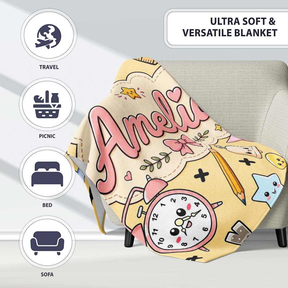 Cute Kawaii School Supplies Cat Books Beige Background Seamless Personalised Custom Name Super Soft Fleece Blanket Bed Sofa Throw