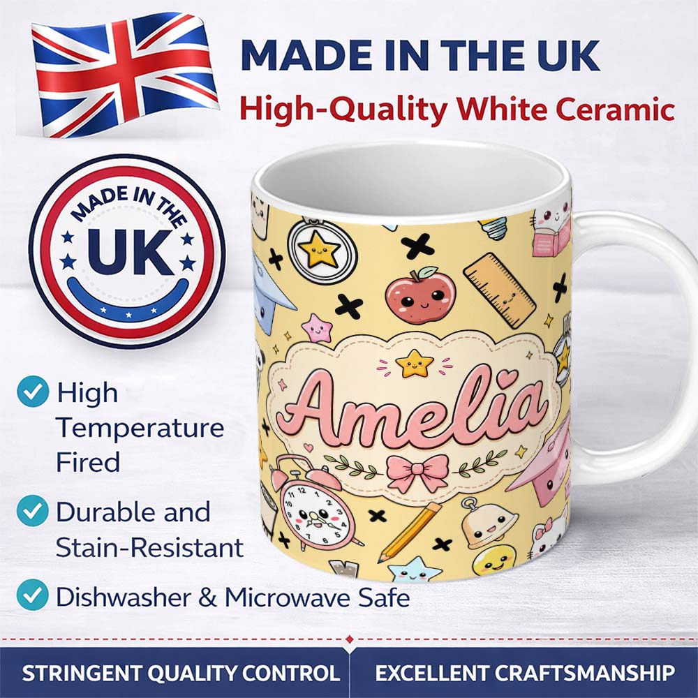 Personalized Custom Name Cute Kawaii School Supplies Cat Books Beige Background Seamless 11oz Ceramic Coffee Tea Mug White Large Handle