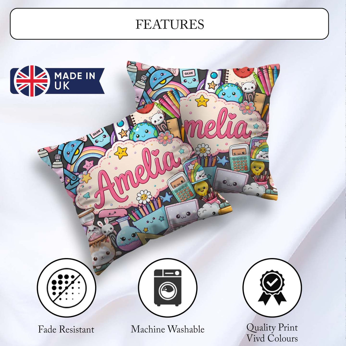 Custom Name Kawaii Busy School Supplies Cartoon Seamless Pattern Square Filled Cushion Throw Pillow Sofa Bed Home Decor Zip Washable UK Made