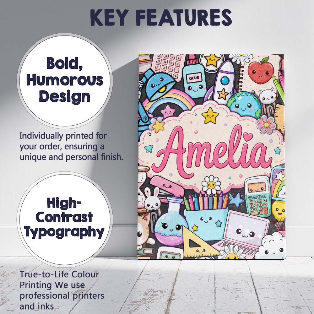 Personalised Name Cute Kawaii Busy School Custom Unique Gift Idea Elegant Feature Canvas Wall Art Print Decor Picture Ready to Hang