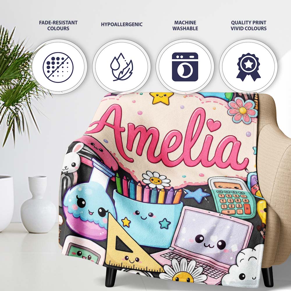 Cute Kawaii Busy School Supplies Desk Cartoon Seamless Pattern Personalised Custom Name Super Soft Fleece Blanket Bed Sofa Throw