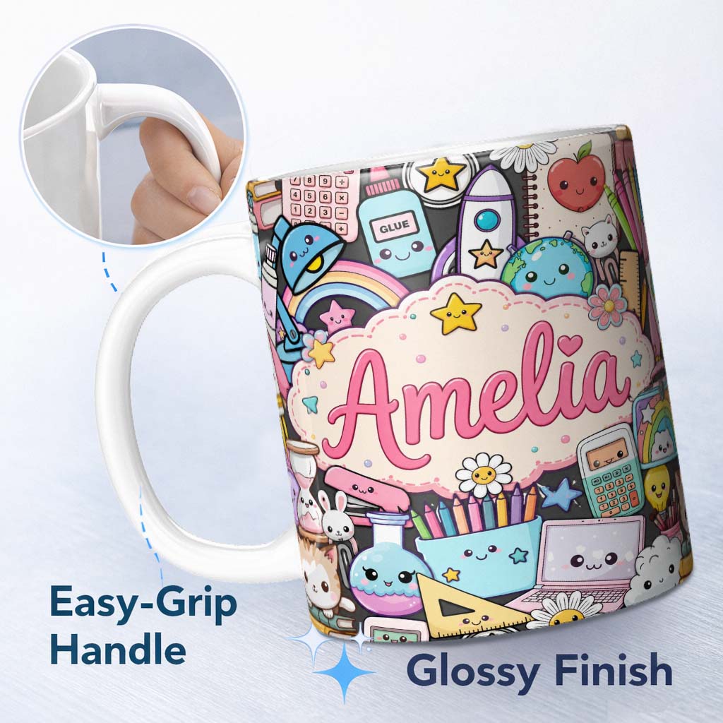 Personalized Custom Name Cute Kawaii Busy School Supplies Desk Cartoon Seamless Pattern 11oz Ceramic Coffee Tea Mug White Large Handle