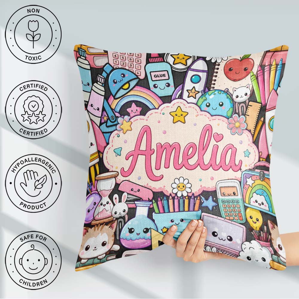 Custom Name Kawaii Busy School Supplies Cartoon Seamless Pattern Square Filled Cushion Throw Pillow Sofa Bed Home Decor Zip Washable UK Made