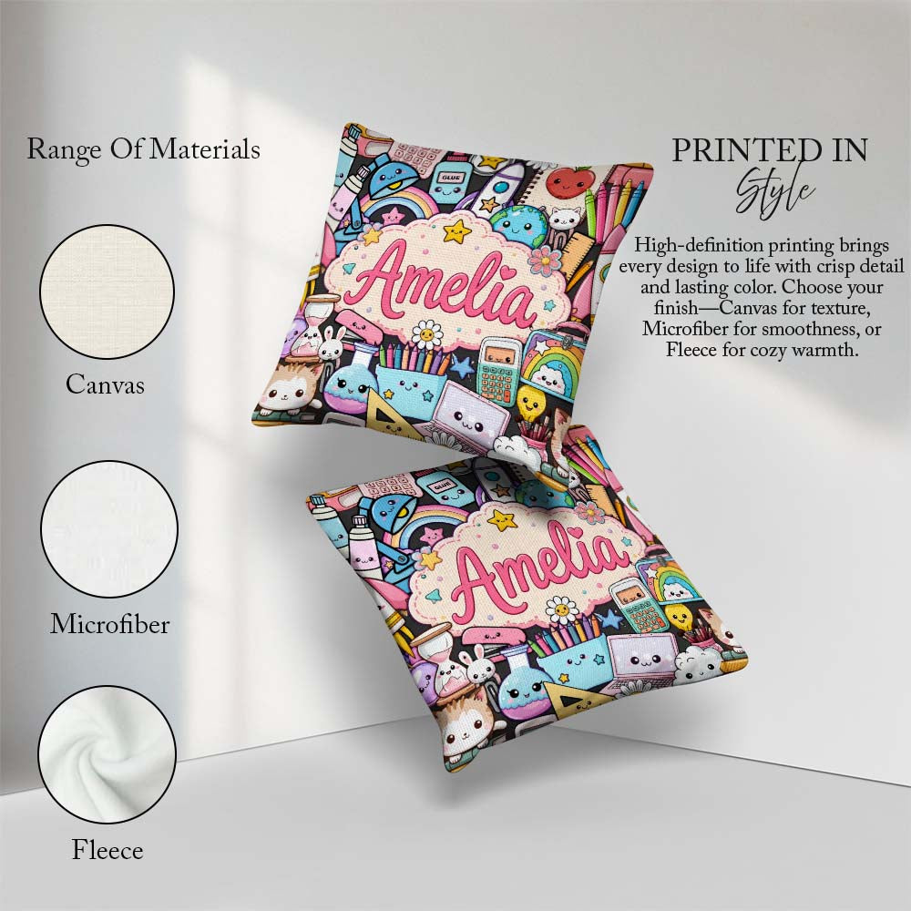 Custom Name Kawaii Busy School Supplies Cartoon Seamless Pattern Square Filled Cushion Throw Pillow Sofa Bed Home Decor Zip Washable UK Made