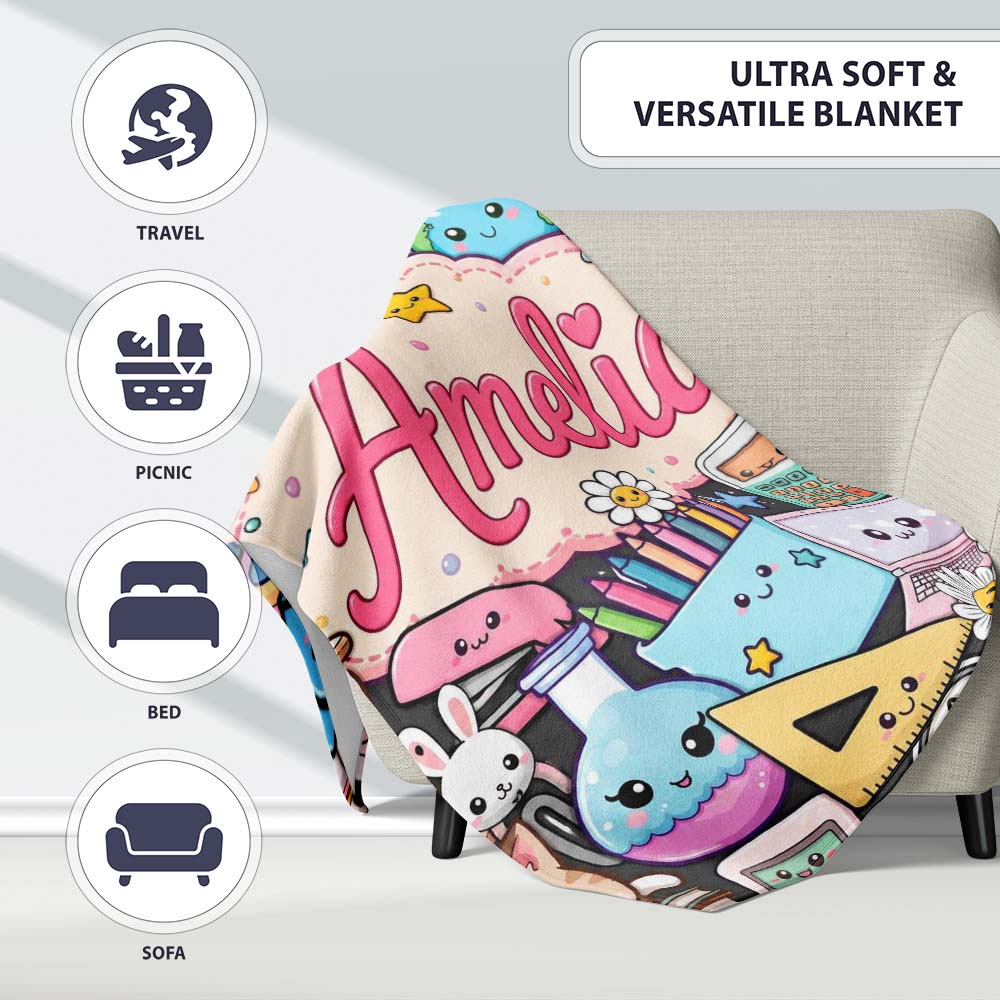 Cute Kawaii Busy School Supplies Desk Cartoon Seamless Pattern Personalised Custom Name Super Soft Fleece Blanket Bed Sofa Throw