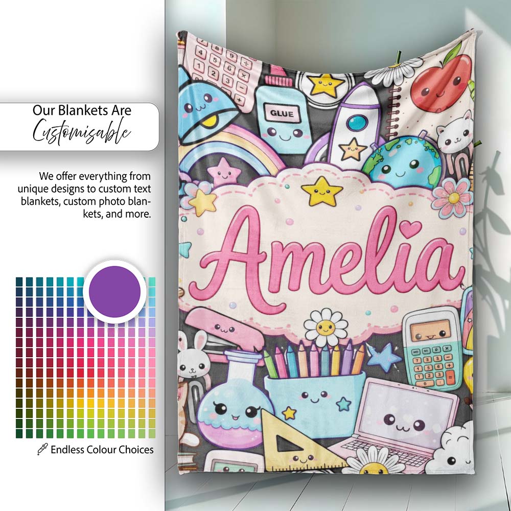 Cute Kawaii Busy School Supplies Desk Cartoon Seamless Pattern Personalised Custom Name Super Soft Fleece Blanket Bed Sofa Throw