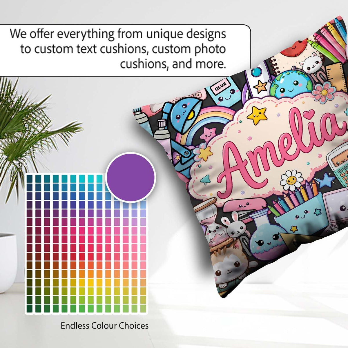 Custom Name Kawaii Busy School Supplies Cartoon Seamless Pattern Square Filled Cushion Throw Pillow Sofa Bed Home Decor Zip Washable UK Made